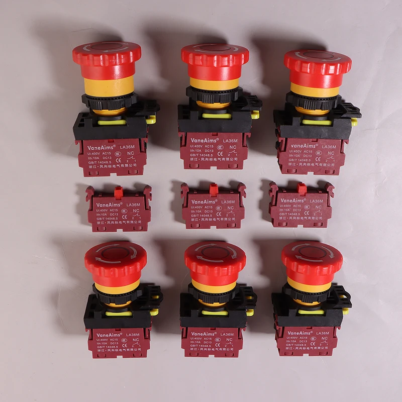22MM LA36M Emergency Stop Button Switch E-Stop Plastic Mushroom Push Button Switches ON OFF With LED Light 12V-24V 110V 220-380V