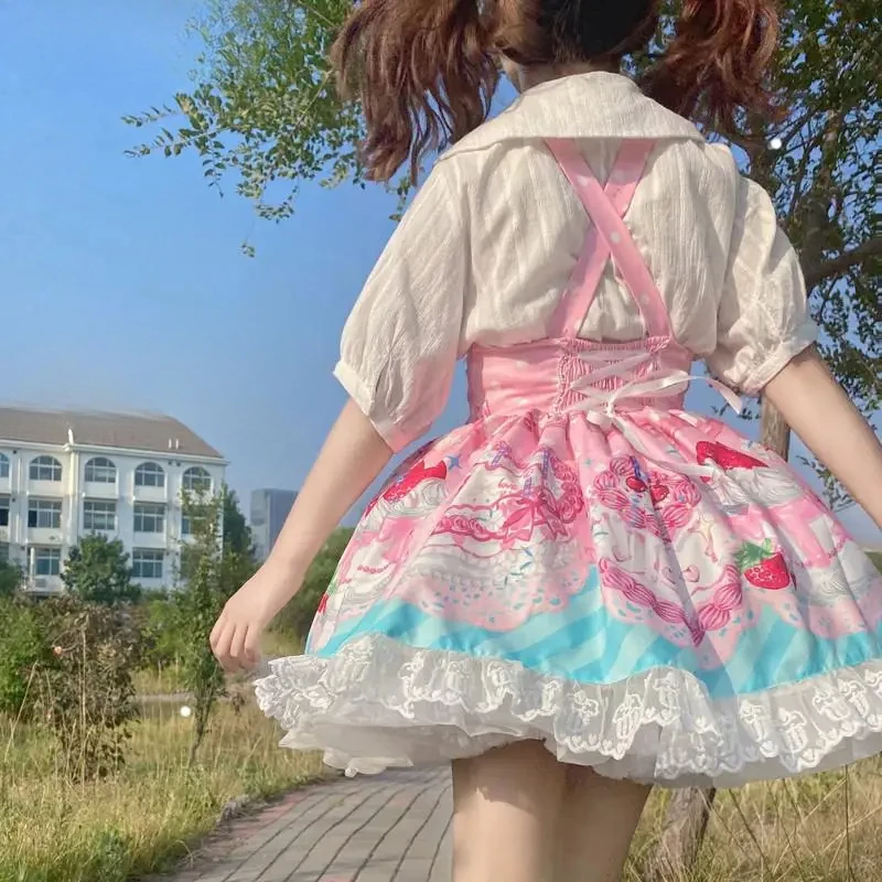 اليابانية Kawaii لينة جرلي الحلو لوليتا نمط فستان خمر ساحة طوق الكرتون كعكة مقوس دانتيل الحمالات JSK الأميرة 2025