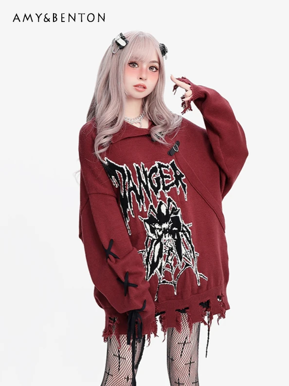 

Y2K Spice Girl Lapel Subculture Ripped Long-sleeved Sweater Street Punk Style Strap Sweater Women Sweet Cool Irregular Jumper
