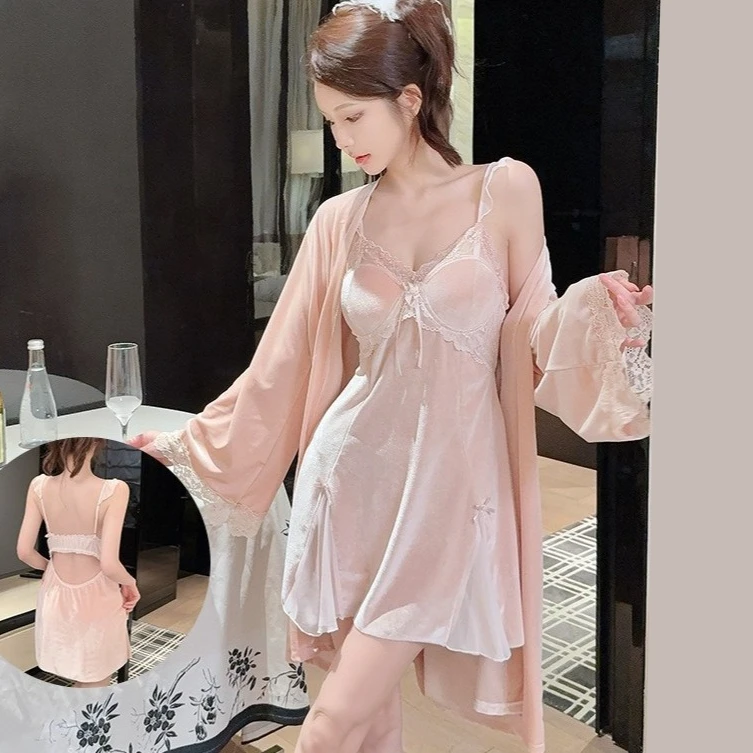 Twinset Lace Robe Set Women Velvet Bathrobe Gown Suit Lady Velour Sleepwear Nightgown Spring Autumn Kimono Dress Home Clothes 2