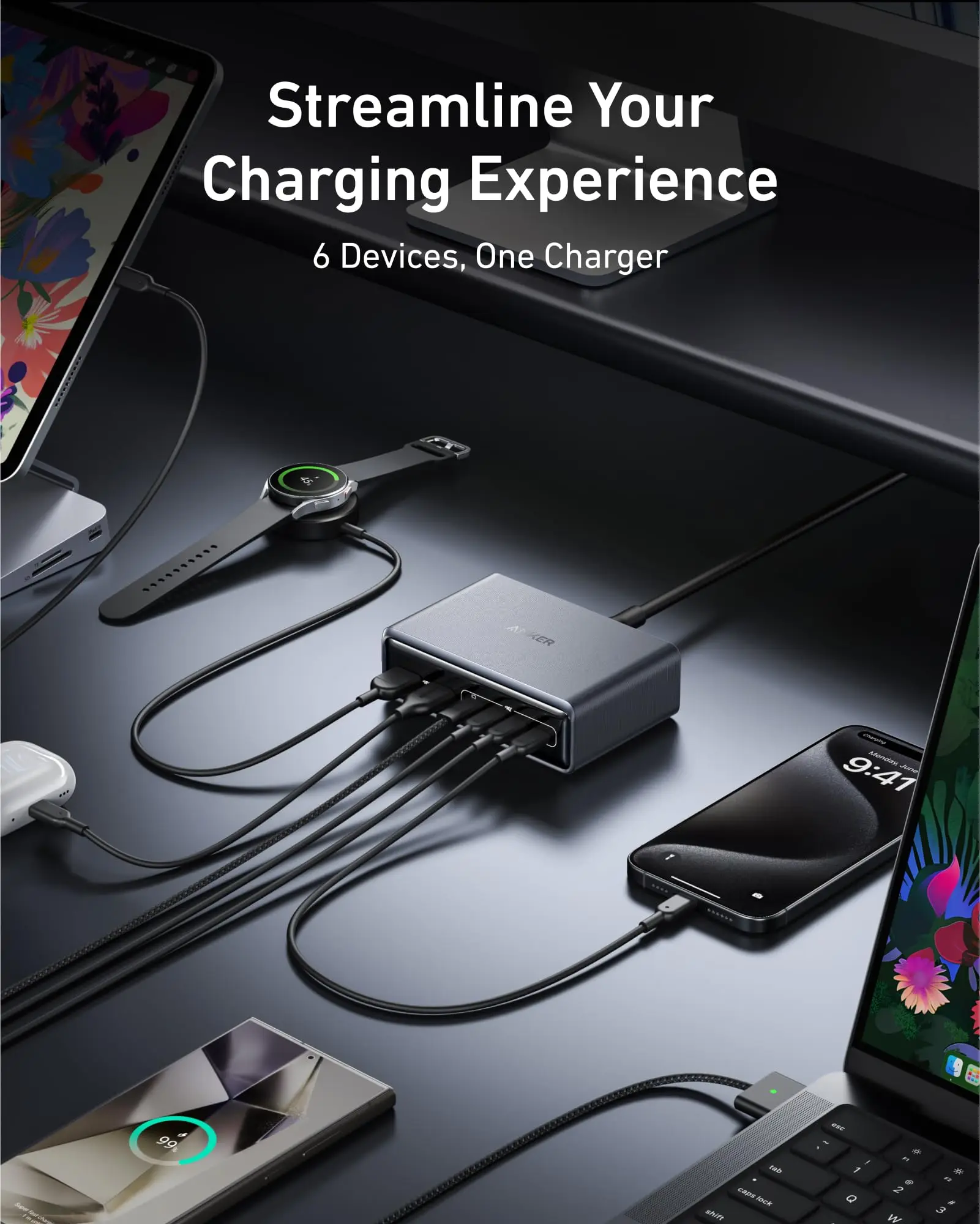 محطة شحن Anker-Prime ، PD ، شاحن سطح المكتب ، متوافق مع iPhone sung ، GaN 6-Port ، Fast W