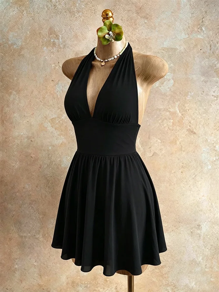 Summer Sexy Halter Neck Backless Tie Waist Pleated Bodycon V-Neck Slim Fit Dress Fashionable Casual Dress for Women - view 4