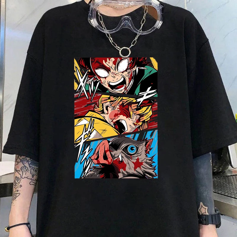 

Hot Anime Kamado Tanjirou Agatsuma Zenitsu Hashibira Inosuke Eye Print T-shirt Unisex Fashion Loose Short Sleeve Round Neck Top