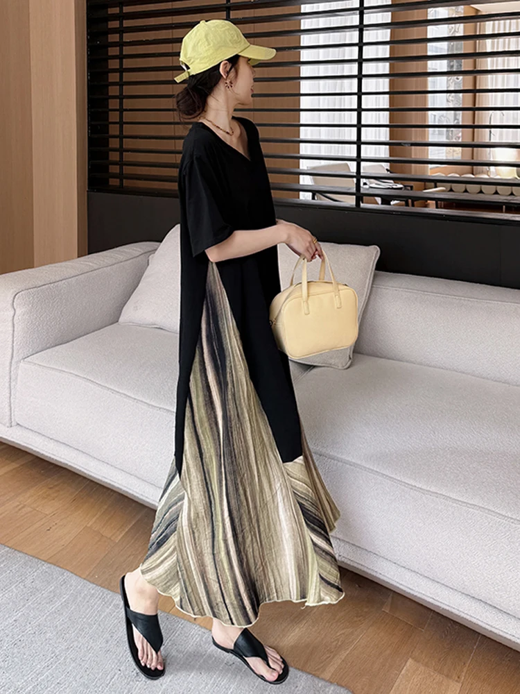 NYFS Abito estivo da donna Allentato plus Size Manica corta Patchwork nero Orlo in seta Abito lungo Robe Ete Femme Elbise 2025 Nuovo