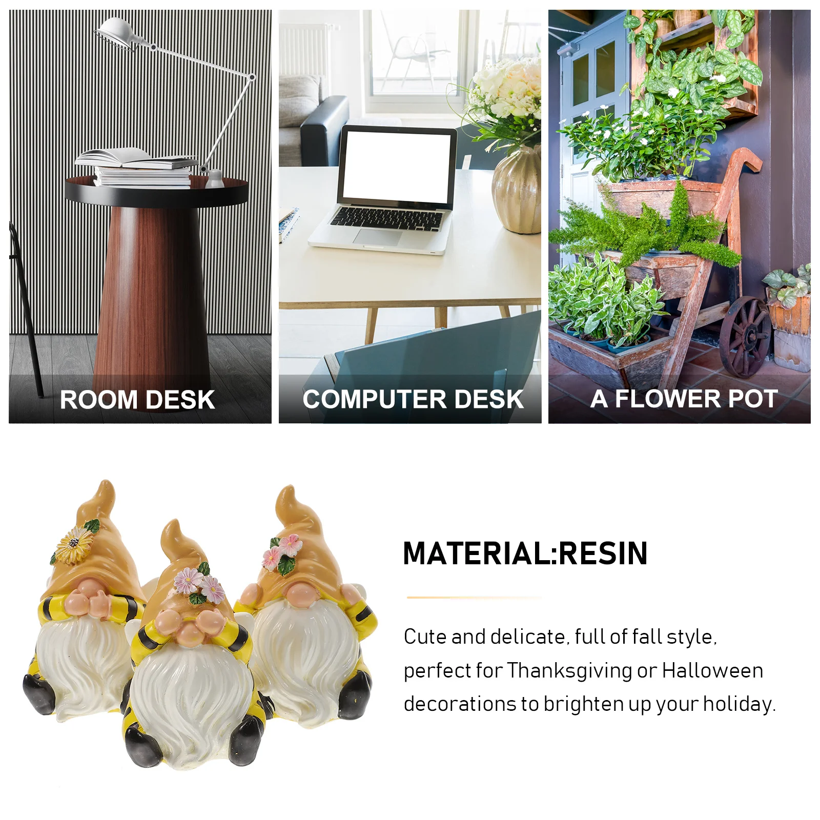 

3Pcs Resin Bee Gnome Statue White Beard Fall Garden Decor Thanksgiving Halloween Decoration Garden Gnomes Outdoor Funny