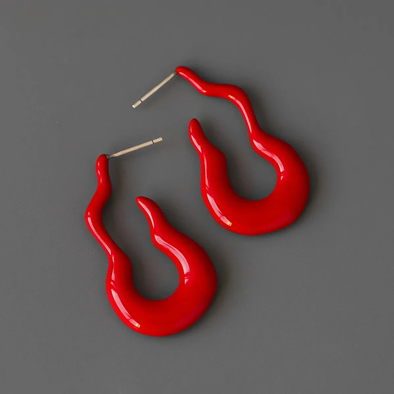 

Yang Mi Same Style Flame Shape Italian Style Chic Design New Year Exaggerated Earrings Red Enamel Women Big Irregular Shape Hoop