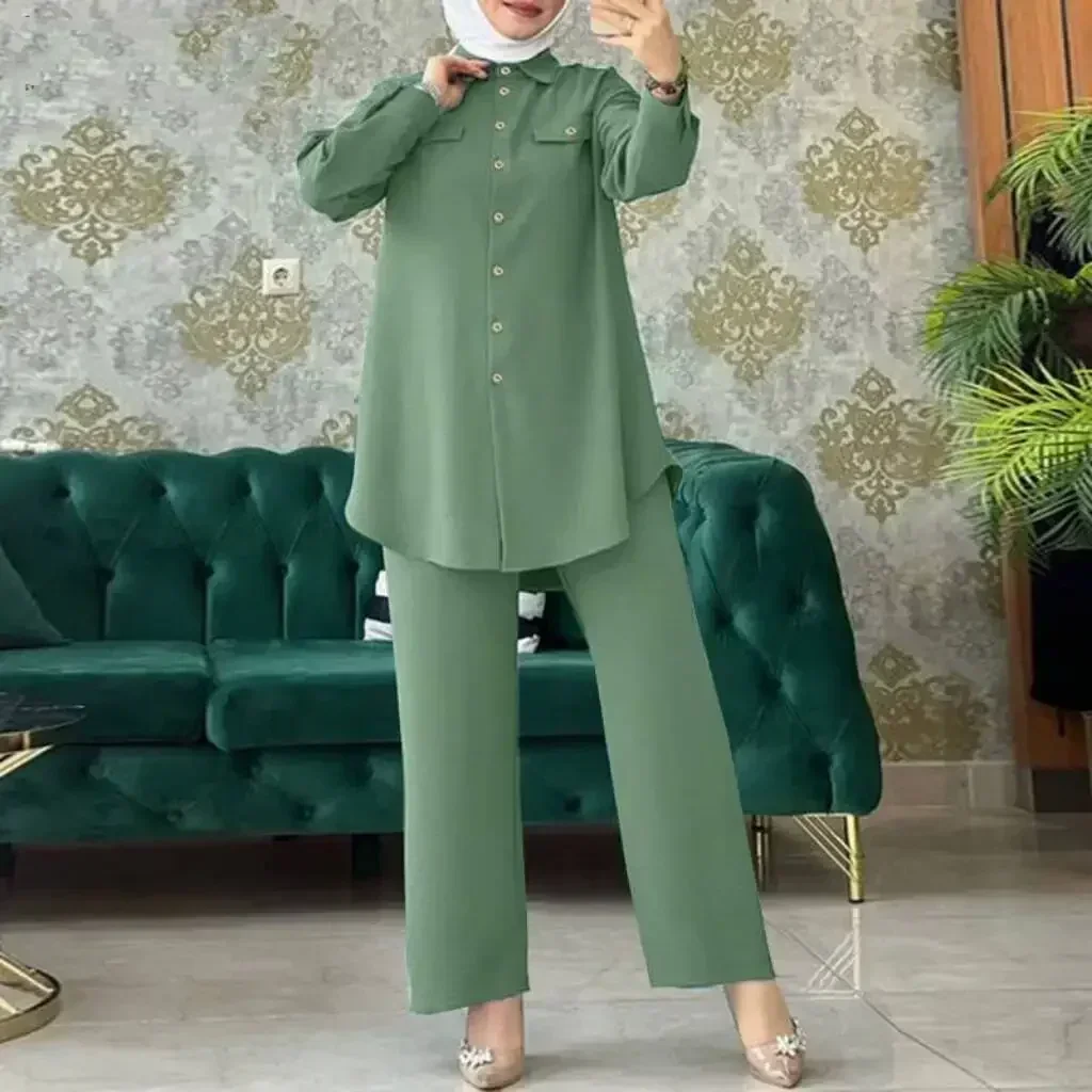 Ramadan Arab Women Eid Muslim Two Pieces Set Single Breasted Blouse & Pants Musulman Ensemble Belt Button Shirt Wide Leg Pants