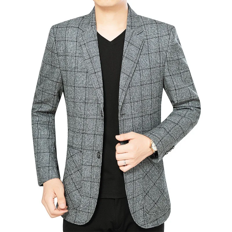 

Man Jacket Autumn Non-ironing Turn Down Collar Men Blazer Business Casual Plaid Single-breasted Long Sleeve Pocket Male Coat