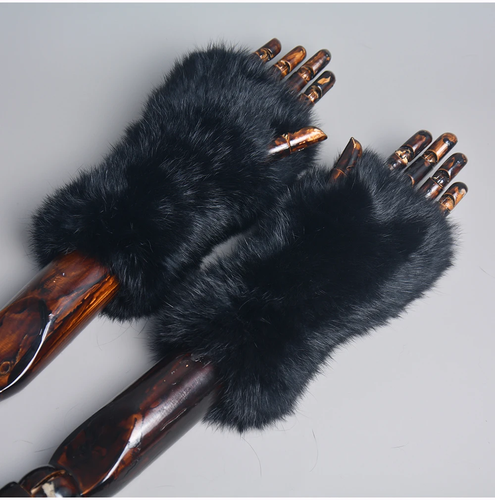 New Women 100% Real Genuine Knitted Rex Rabbit Fur Mittens Winter Warm Lady Real Fur Fingerless Gloves Handmade Knit Fur Mitten