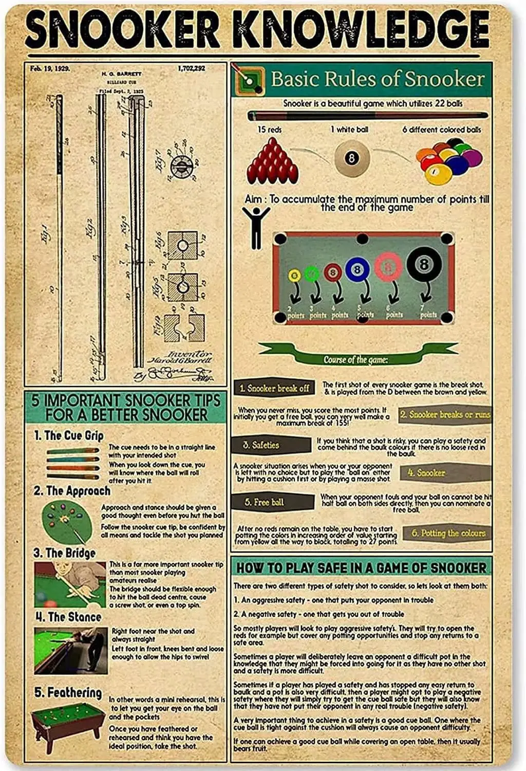 Panneau en métal « Connaissances sur le snooker », règles de base du snooker, affiche rétro imprimée, décoration murale pour école, club, café, bar, chambre, salle de bain K