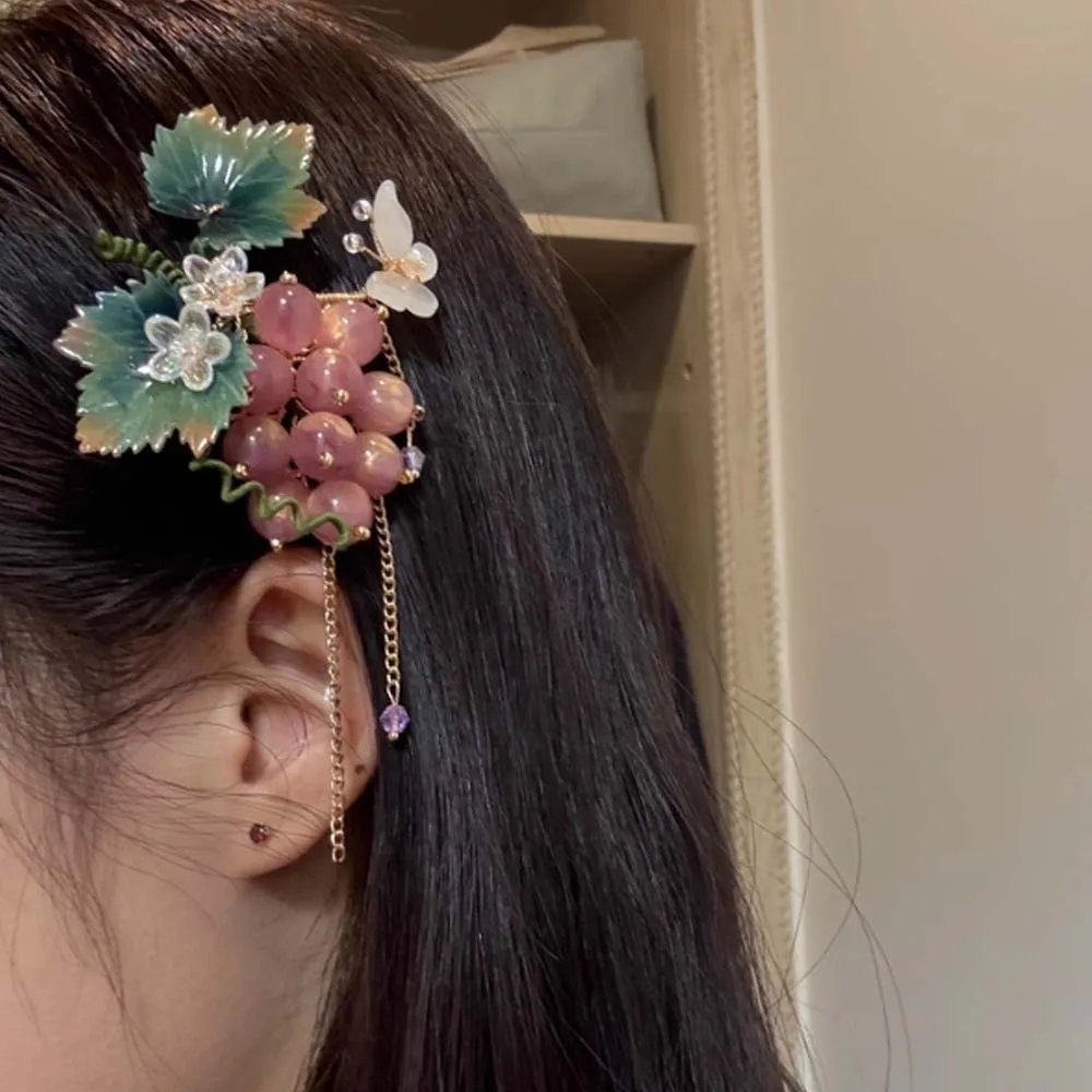 

Waterproof Grape Hair Clip Tassel Small Glass Beads Hairpins Hanfu Accessories Purple Chinese Style Side Clip New Year Party
