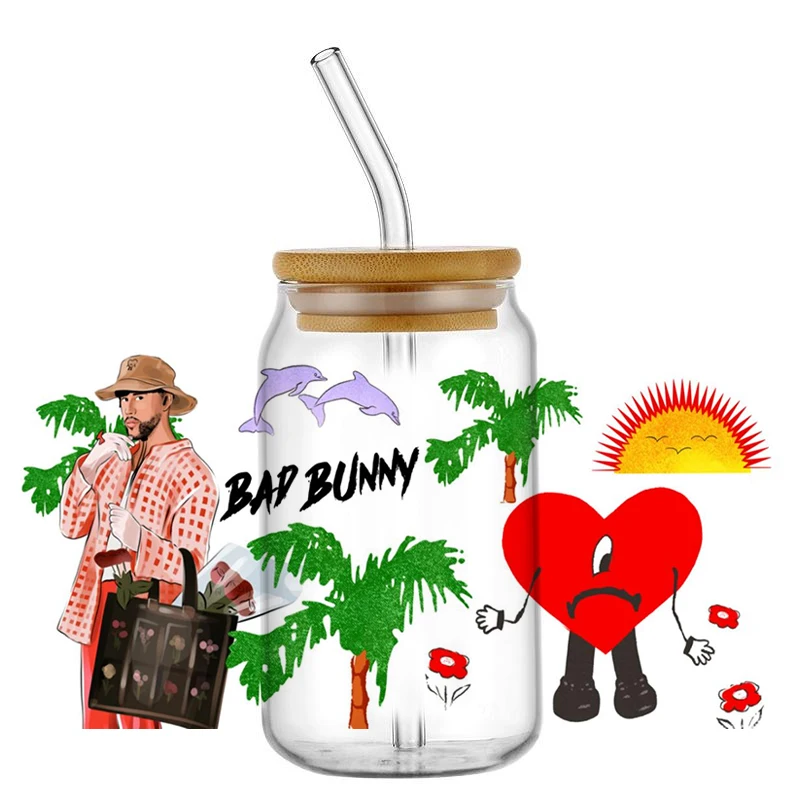 Miniso Superstar Bad Bunny Singer UV DTF Cup Wrap For 16oz Libbey Coffee Glass Can Cup uvdtf Wrap Easy peel DIY Wholesale