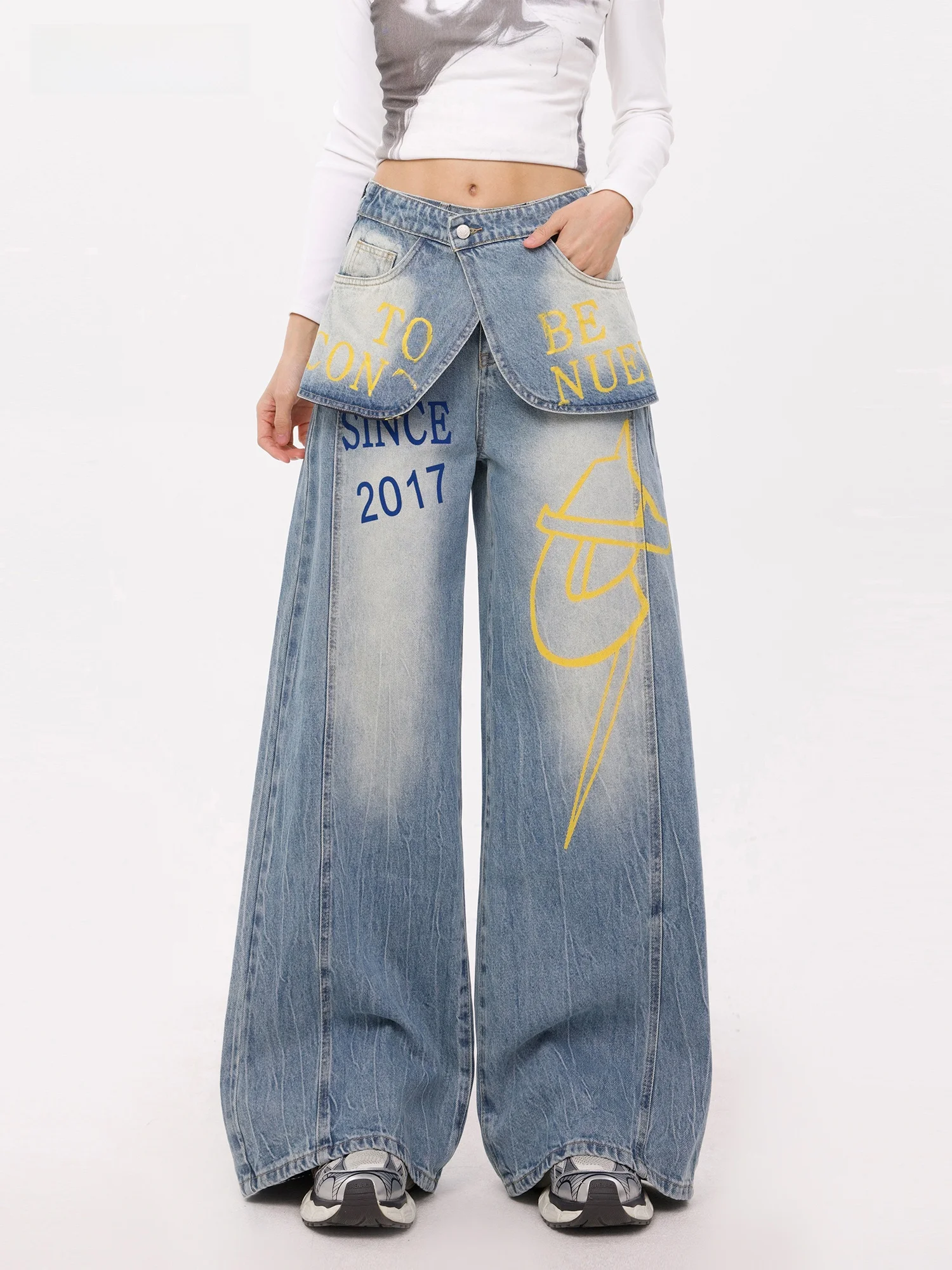 

Edx Vintage Waed Denim Pants High Street Design Wide Leg Casual Sle Women's Jeans Blue Cotton Blend Spring Collection