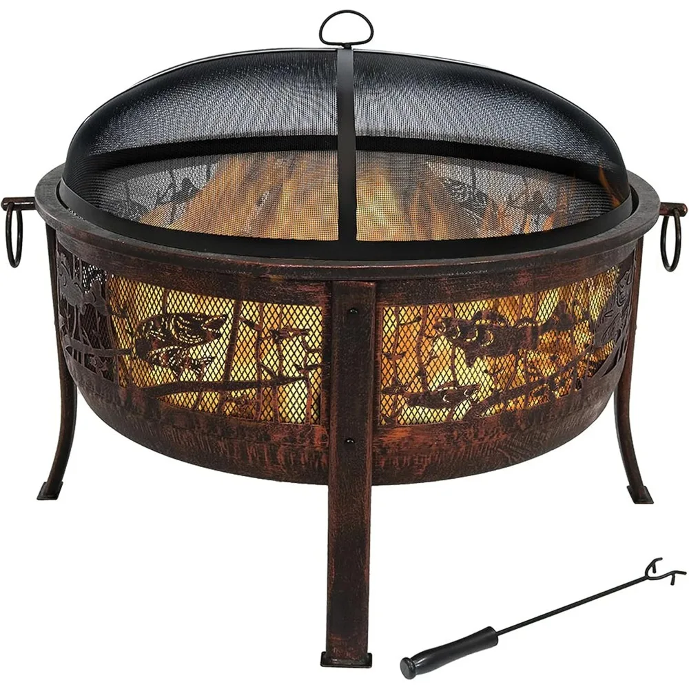 

Fire Pit with Spark Screen, Water-Resistant Cover, Metal Grate, and Fireplace Poker