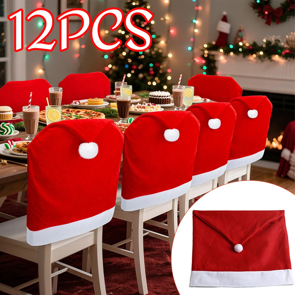 1-12PC Weihnachtsstuhlbezug Rot Vliesstoff Weicher Weihnachtsmann-Hut Stuhlbezug Küche Esszimmer Bequemer Sitzbezug Party-Dekoration