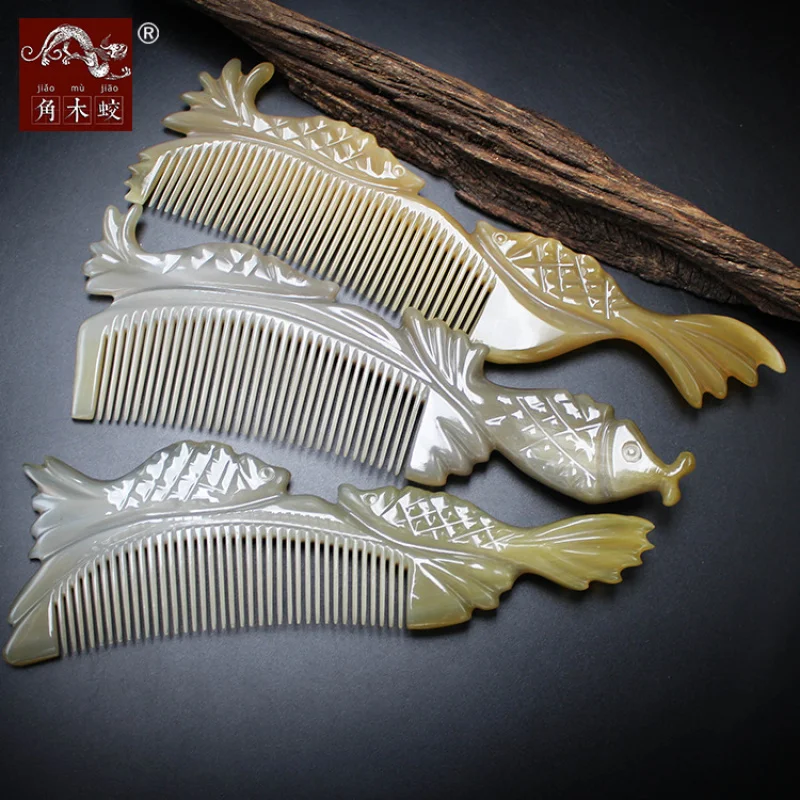 Carved Yak Horn Comb with Double Fish Design
