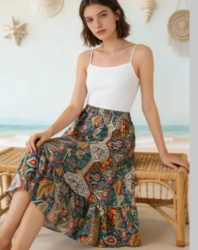 Europäischer Plus-Size Damenrock mit Ethno-Paisley-Print, dehnbarer elastischer Bund, Rüschensaum, Bohemian-Stil, langer Freizeitrock – Detail 4