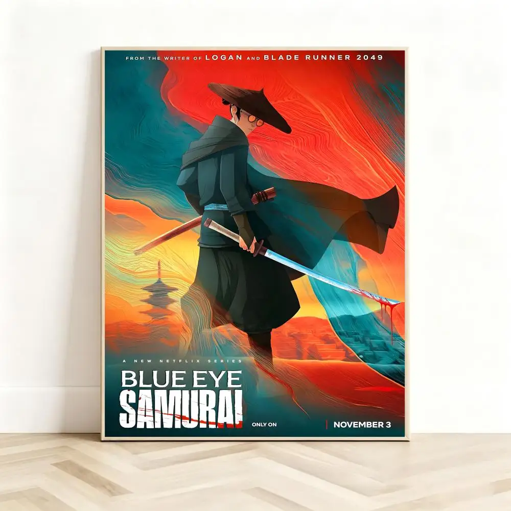 Stylized Animation B-Blue Eye Samurai Poster Classic Self-Adhesive PP Wall Sticker for Living Room Bar Decor Gift