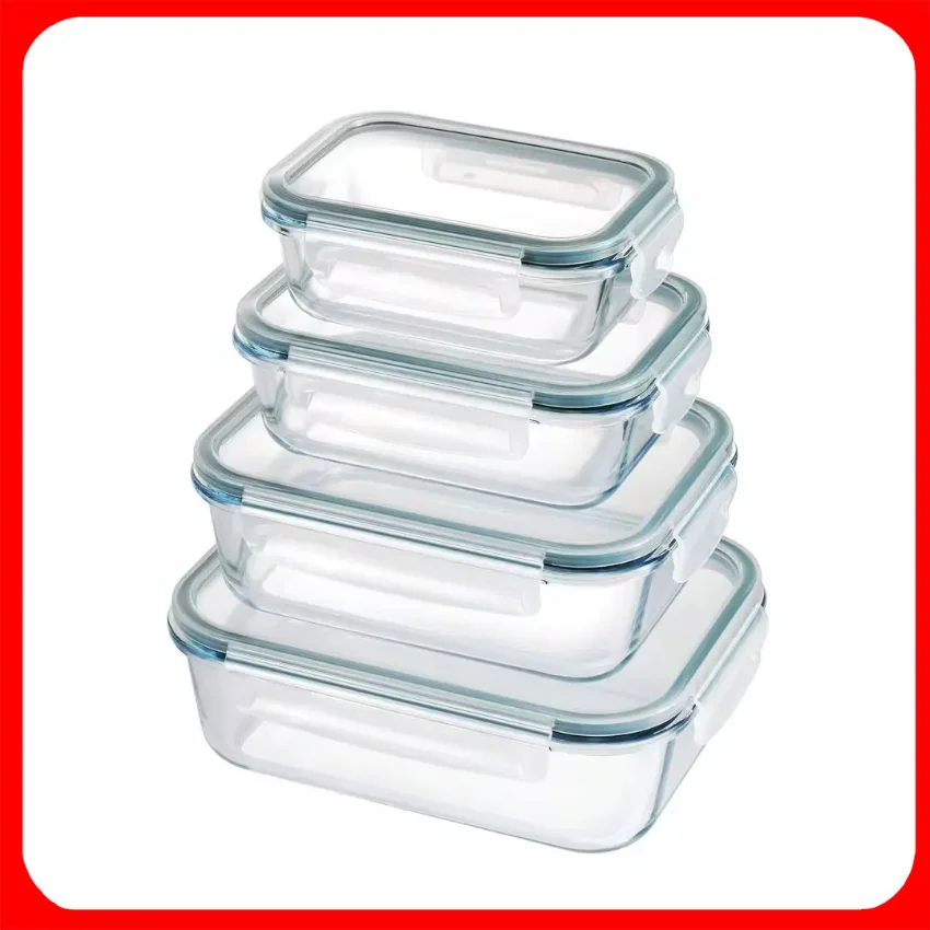

4-Piece Rectangular Borosilicate Lunch Box, Microwave Safe, 200-370-640-1000ml, Set of 4 Glass Containers