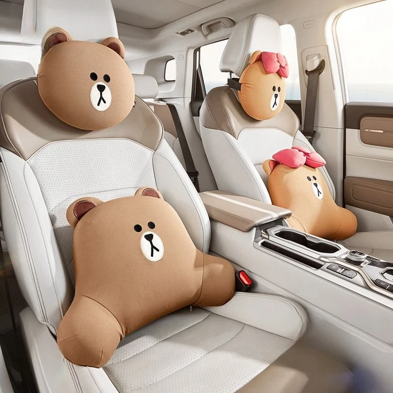 Cute Bear Car Neck Pillow Breathable Fabric Headrest for Comfortable Driving Ergonomic Soft Memory Foam Headrest Waist Pillow