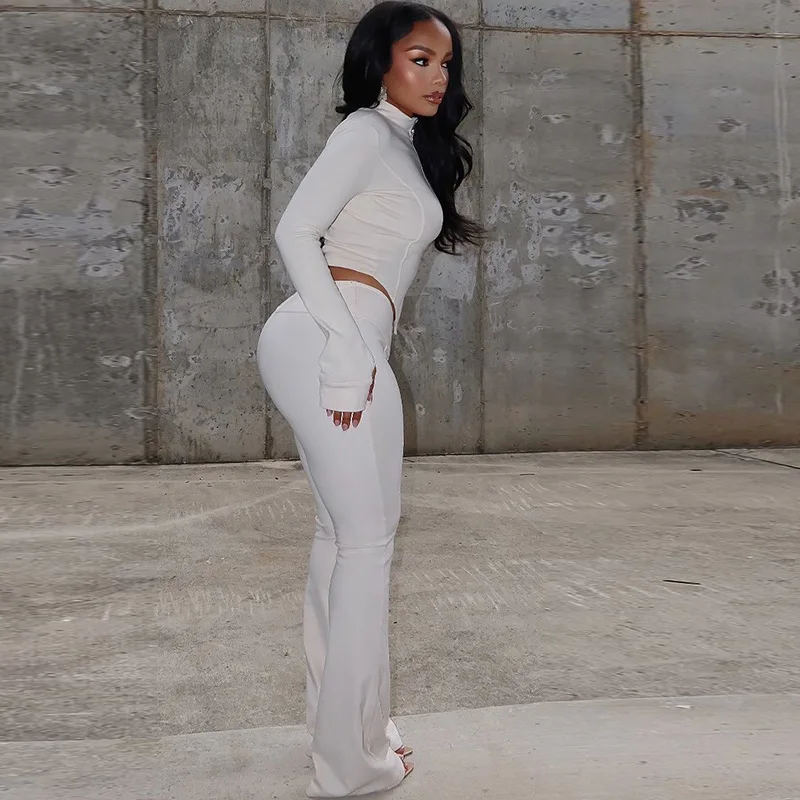 Women's Long Sleeve Stand Collar Zipper Cardigan Crop Tops & Long Flare Pants, Solid Color, 2pcs Set