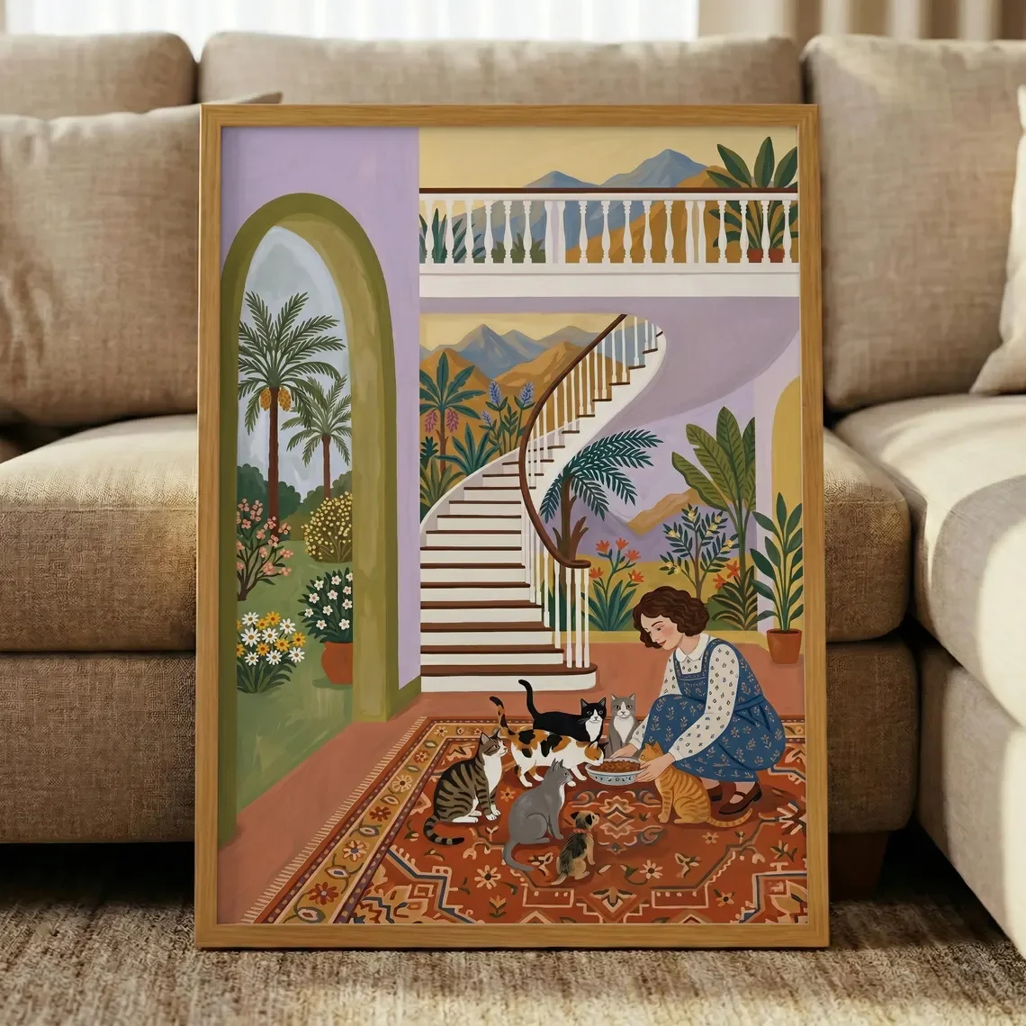 Cat Lady Wall Art Print, Woman Feeding Cats Decor Painting, Cozy Poster, Whimsical Artworks for Living Room Bedroom Office