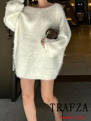 TRAFZA Vintage Casual Chic Sweter damski Solidny długi rękaw V-Neck Sznurowane swetry z dzianiny Nowa moda 2024 Jesienne topy