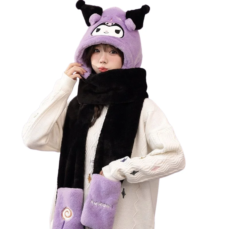 Sanrio Girl Hat Winter Kuromi My Melody Cinnamoroll Kawaii New Cartoon Keep Warm One Body Gloves Fashion Thicken Cute Cycling