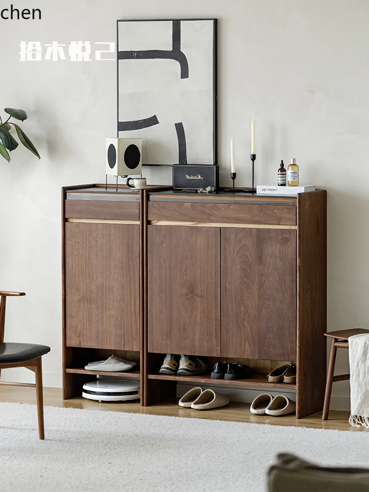 

HXL black walnut shoe cabinet small apartment entrance all solid wood rock slab countertop locker