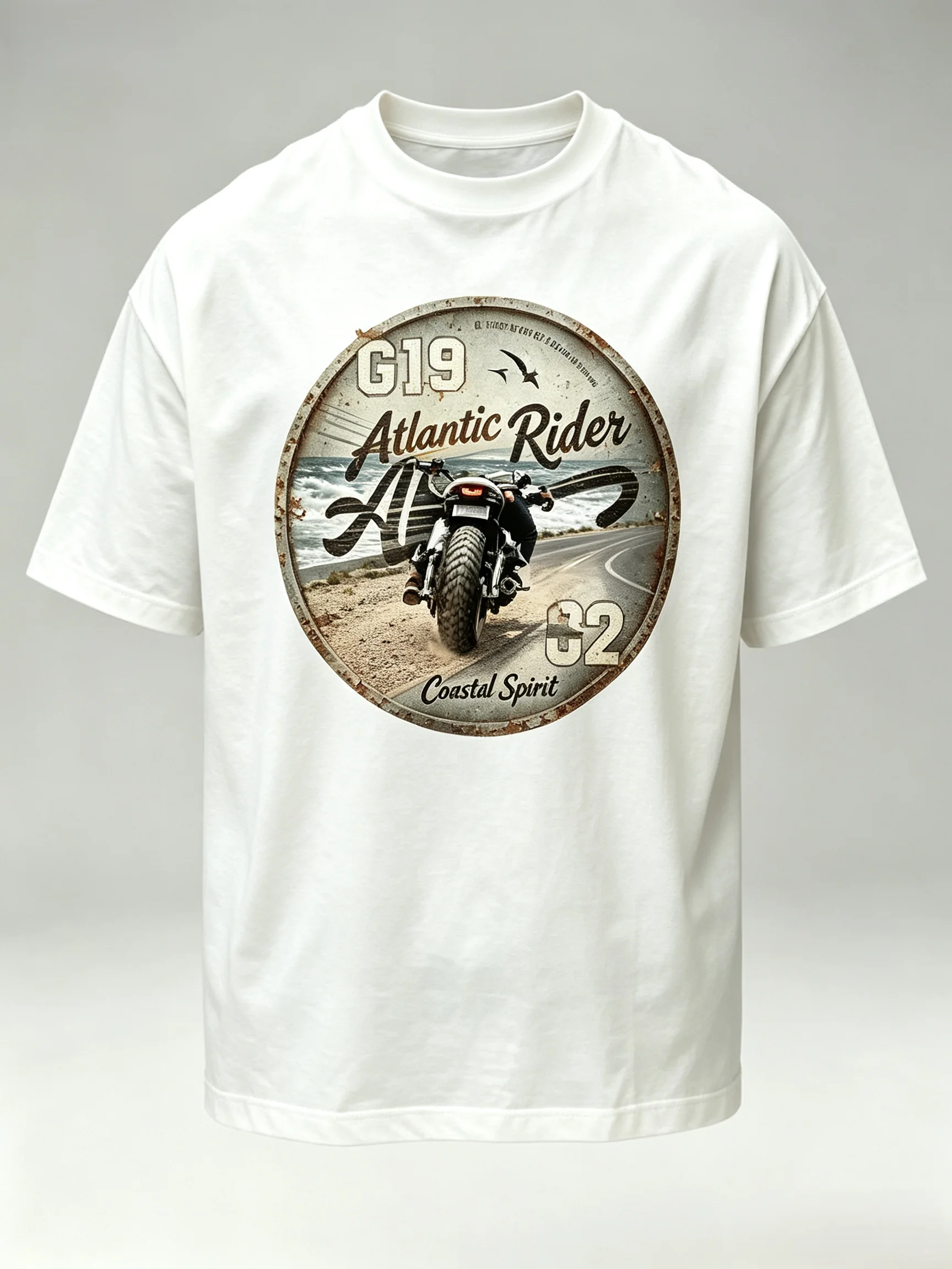 Unisex Atlantic Rider Coastal Highway Motorcycle Front Print T Shirt Men Women Oversized Vintage Rust Round Badge Biker Graphic Tee Seaside Motorbike Cotton Streetwear Short Sleeve Tops