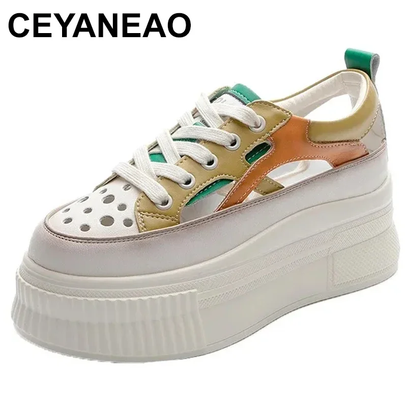 

Genuine Leather Hidden Heel Platform Wedge Chunky Sneakers 7CM Summer Spring Women Lace Up Mixed Color Comfortable Shoes New