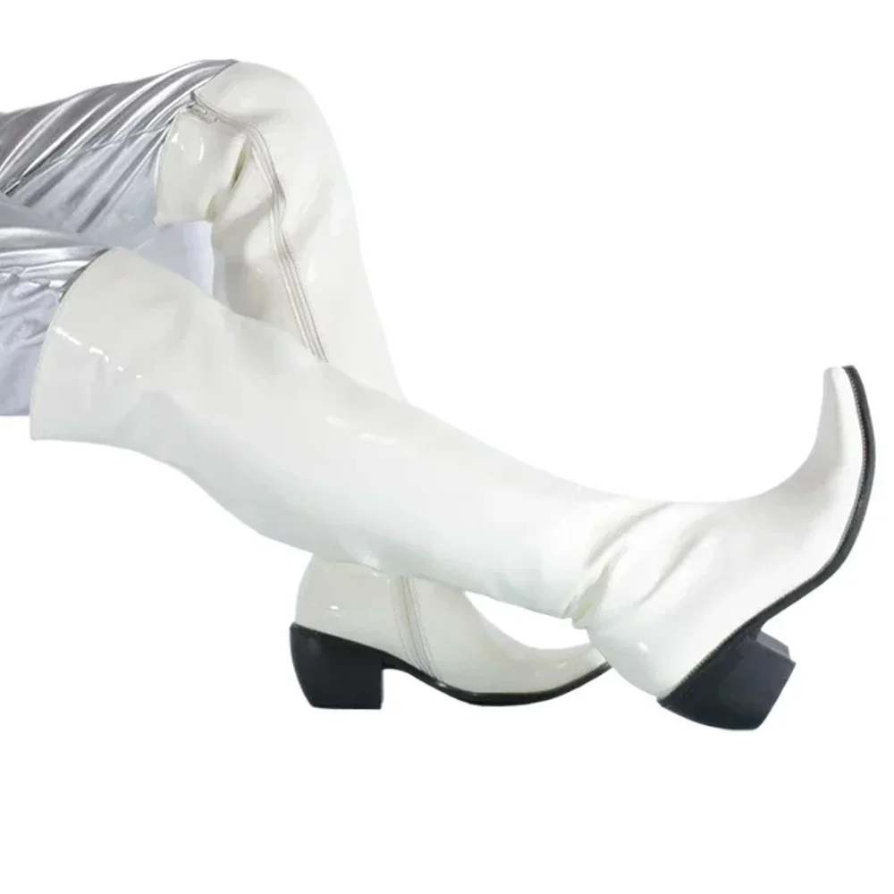 Men's Leather High Heels Riding Boots Zip Stage Perform Clubwear Over-the-Knee Western Thick Sole Pointed Toe Long Boots White