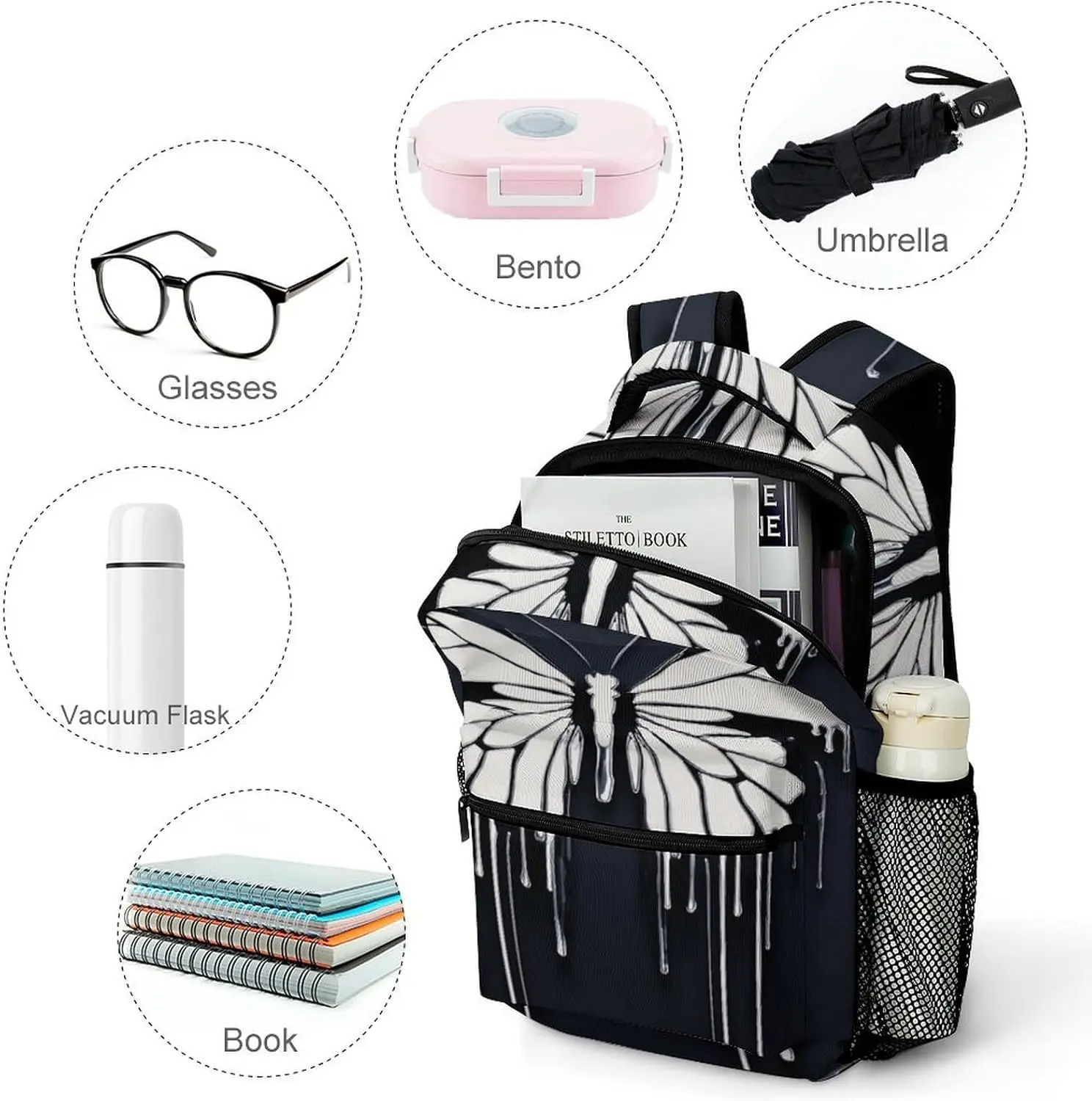 Rucksack 16 Zoll leichte große Büchertasche Schwarz-Weiß-Schmetterlings-Tagesrucksack für Reisen, Büro, Arbeit