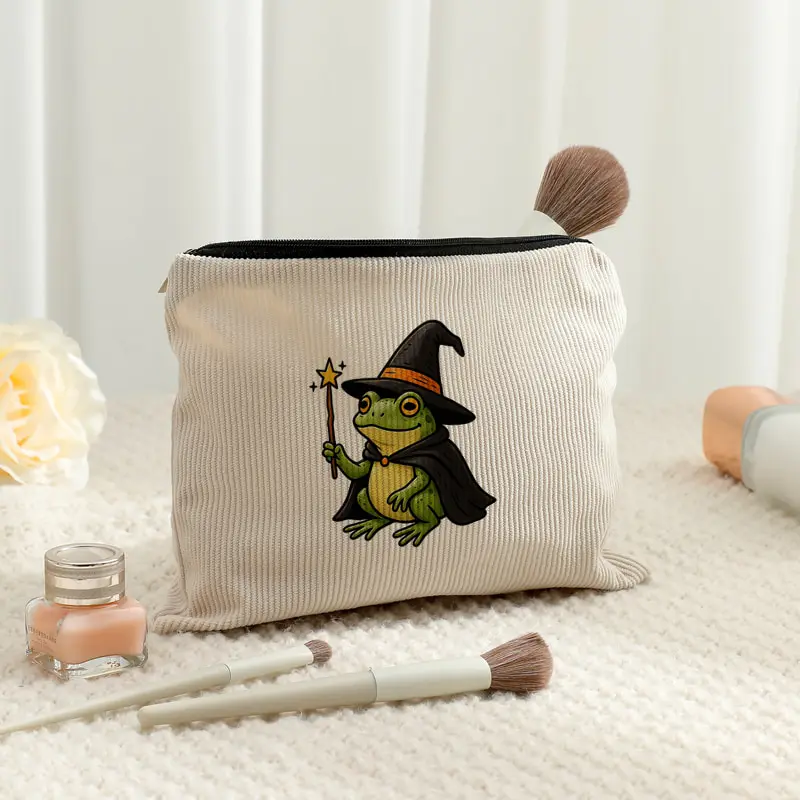 Halloween Cute Wizard Frog Print Corduroy Cosmetic Bag Witch Frog Zipper Pouch Travel Makeup Toiletry Storage Gift for Women