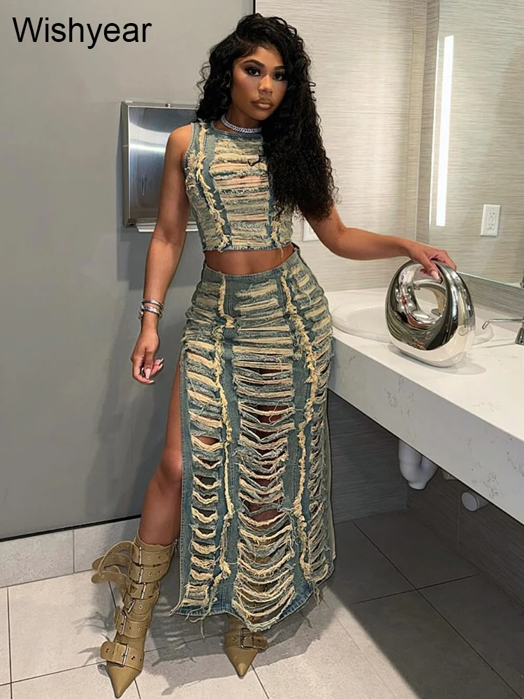 Elegant Ripped Hole Denim Two 2 Piece Dress Set Women Sleeveless Crop Tank Tops and Split Side Maxi Skirt Streetwear Outfits