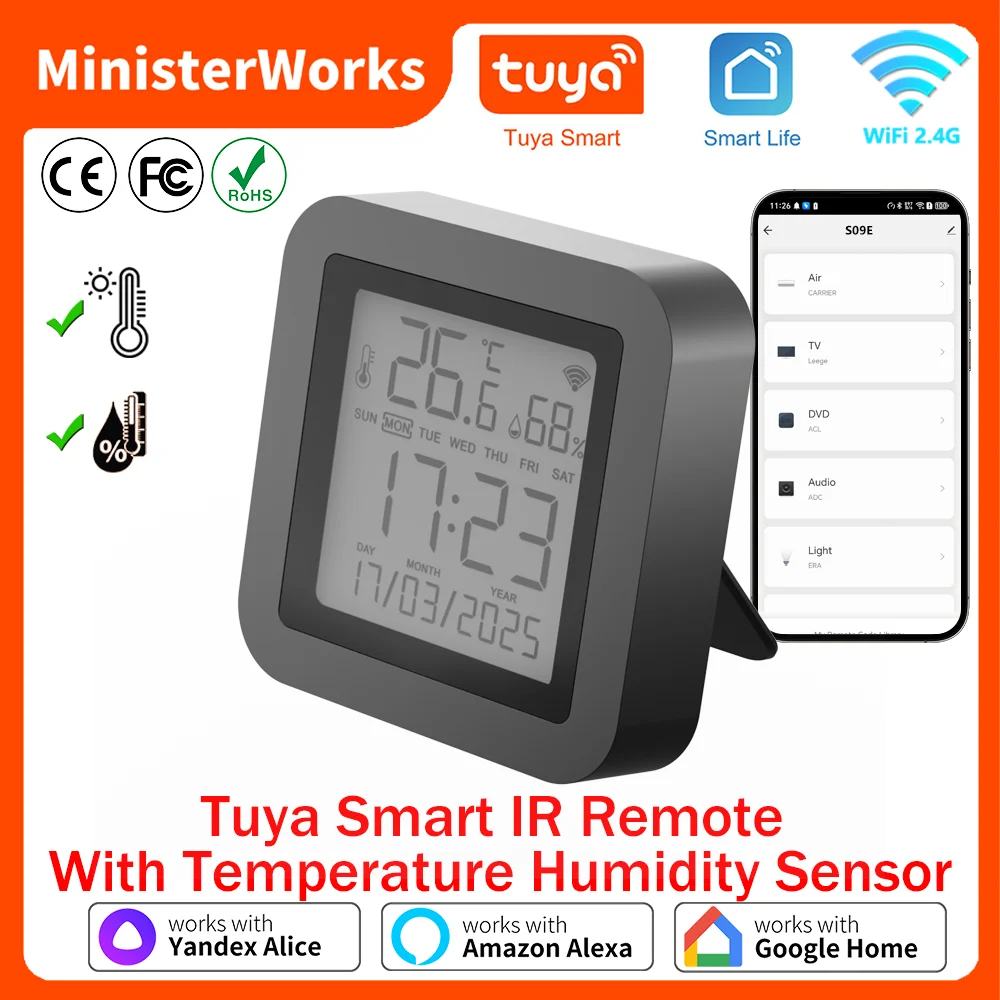 

Умный универсальный ИК-пульт Tuya с датчиком температуры и влажности для кондиционера, телевизора, переменного тока, работает с Google Home Yandex Alexa