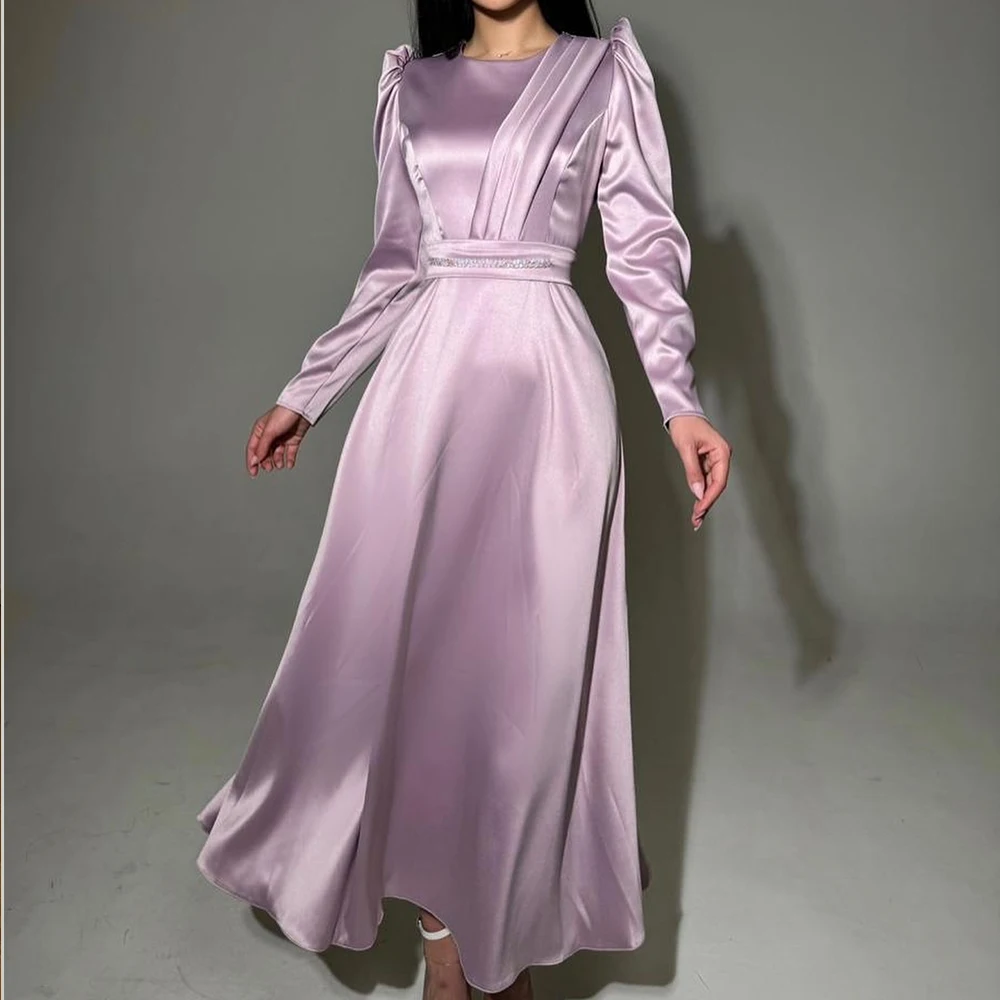 O-neck Satin Long Sleeves Floor Length A-Line Evening Dress Crystal Temperament Solid Color Delicate Bespoke Occasion Gowns