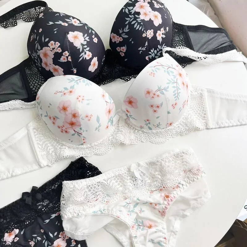 

Sweet summer flowers cute girls bra set thin large size CDE cup lingerie sexy push up women underwear