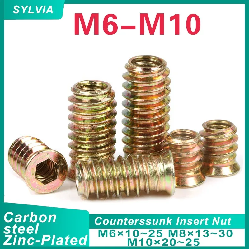 

10/ 20pcs M6 M8 M10 Zinc Plated Carbon steel Thread For Wood Insert Nut Flanged Hex Drive Head Furniture Nuts