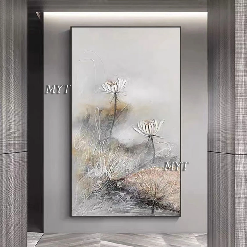 

No Framed Custom Handmade Beautiful Lotus Flower Painting High Quality Canvas Art Dropshipping Home Accessories Decoration