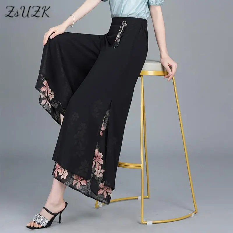 

ZUZK Women Double Layer Chiffon Pants Summer Thin Elastic Waist Printed Korean Fashion Baggy Wide Leg Pants Chic Casual Pants