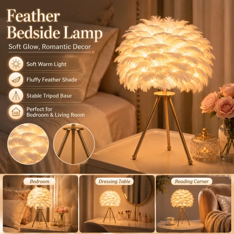 Nordic Decorative Feather Desk Lamp Bedroom Bedside Light Suitable for Living Room Bedroom Table Ins Feather Lamp Home Decor