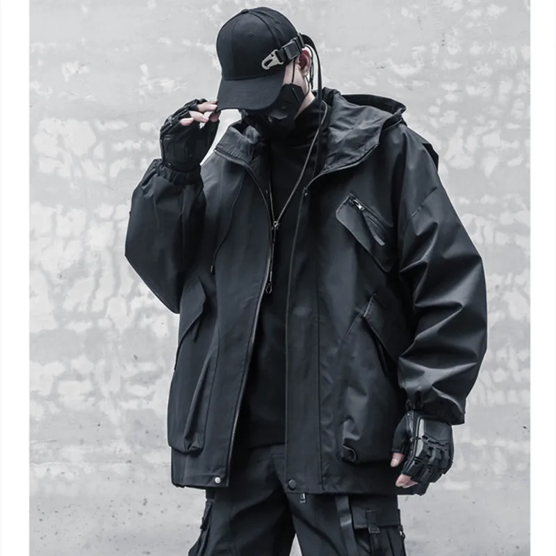 2024 High Quality Outdoor Tactical Techwear Style Punk Hip Hop Jacket Mens Multi-pocket Function Hooded Coat Windbreaker