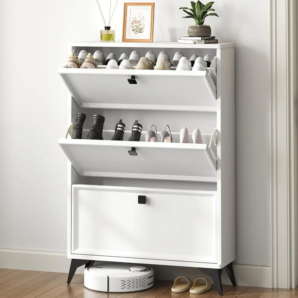 

Shoe Cabinet with 3 Flip Drawers, Shoe Rack Cabinet with 3-Tier Removable Shelves and Golde Handles, Freestanding Shoe Organizer