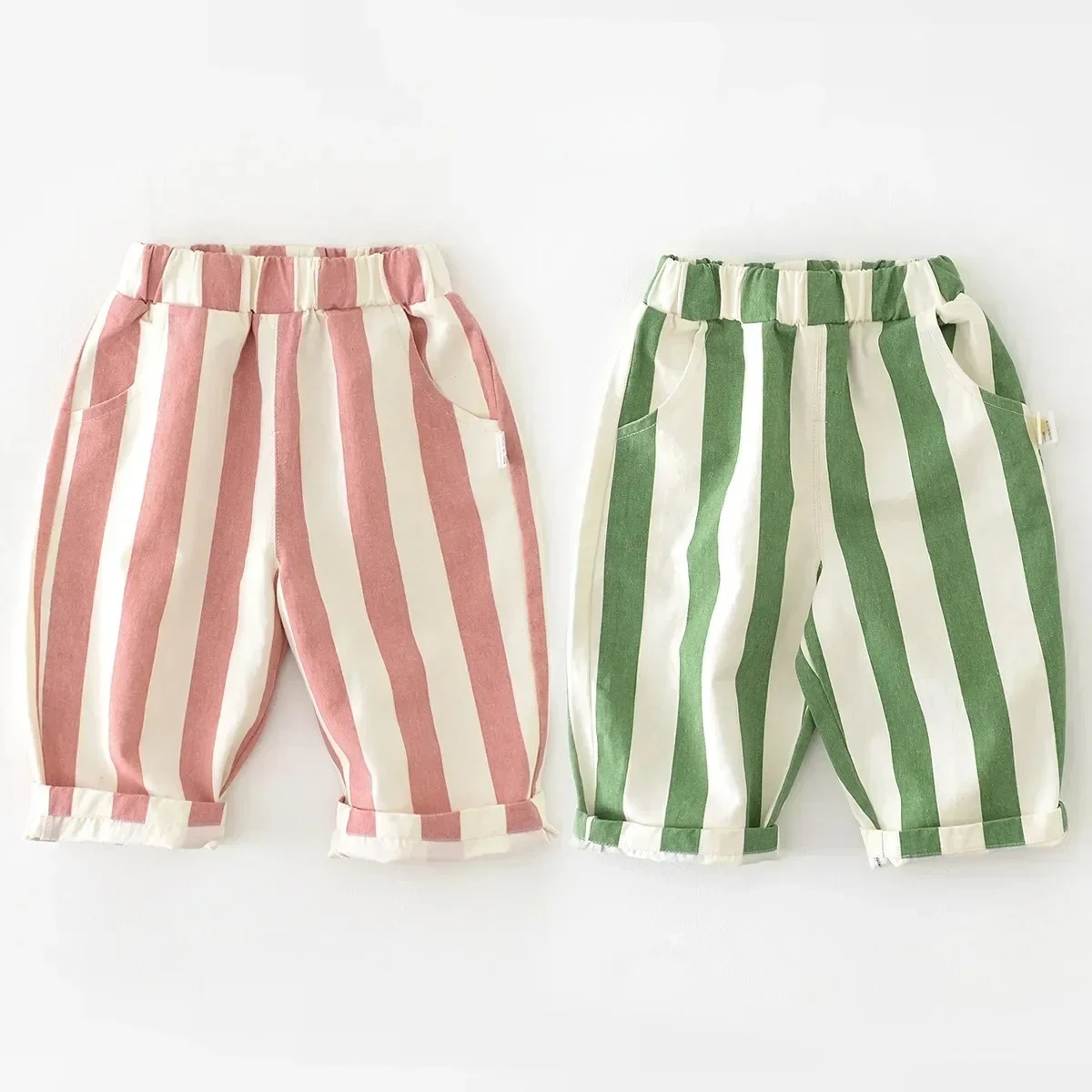 

Весенние новые повседневные брюки для девочек с высокой талией, в цветную полоску, в корейском стиле, модель 8385, распродажа, 90 см, детские штаны