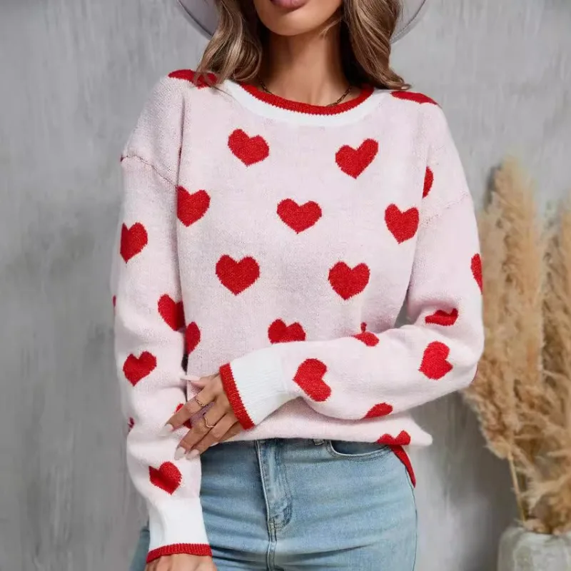 Casual Love Sweter z dzianiny Bluza z kapturem na zimę Sweter damski 2024 Nowy Luźny sweter z długim rękawem Love Woman Tops