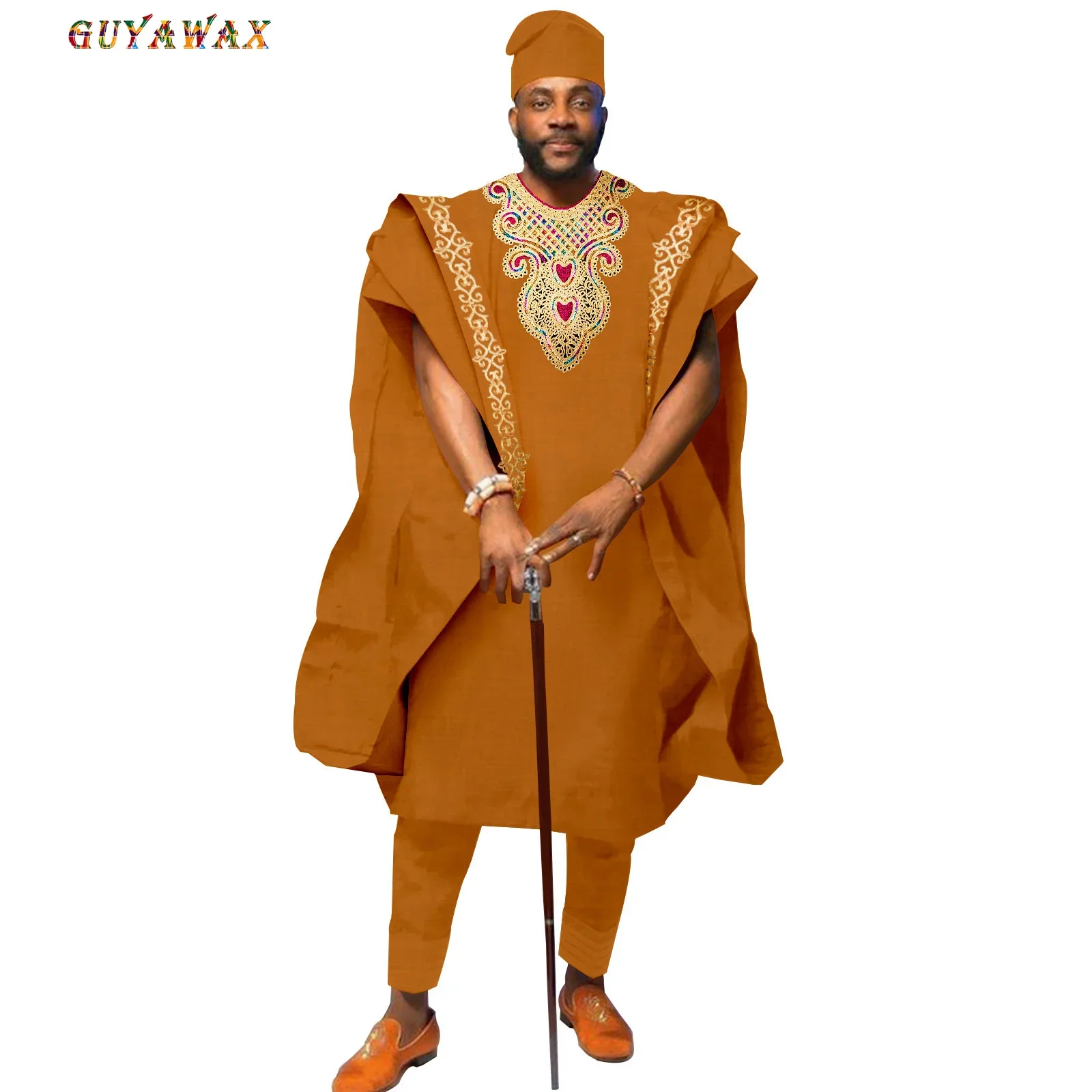 

New Fashion African Men`s Clothing Embroidery Agbada Robe Pants and Hats 4 Piece Set Traditional Garments for Wedding Evening