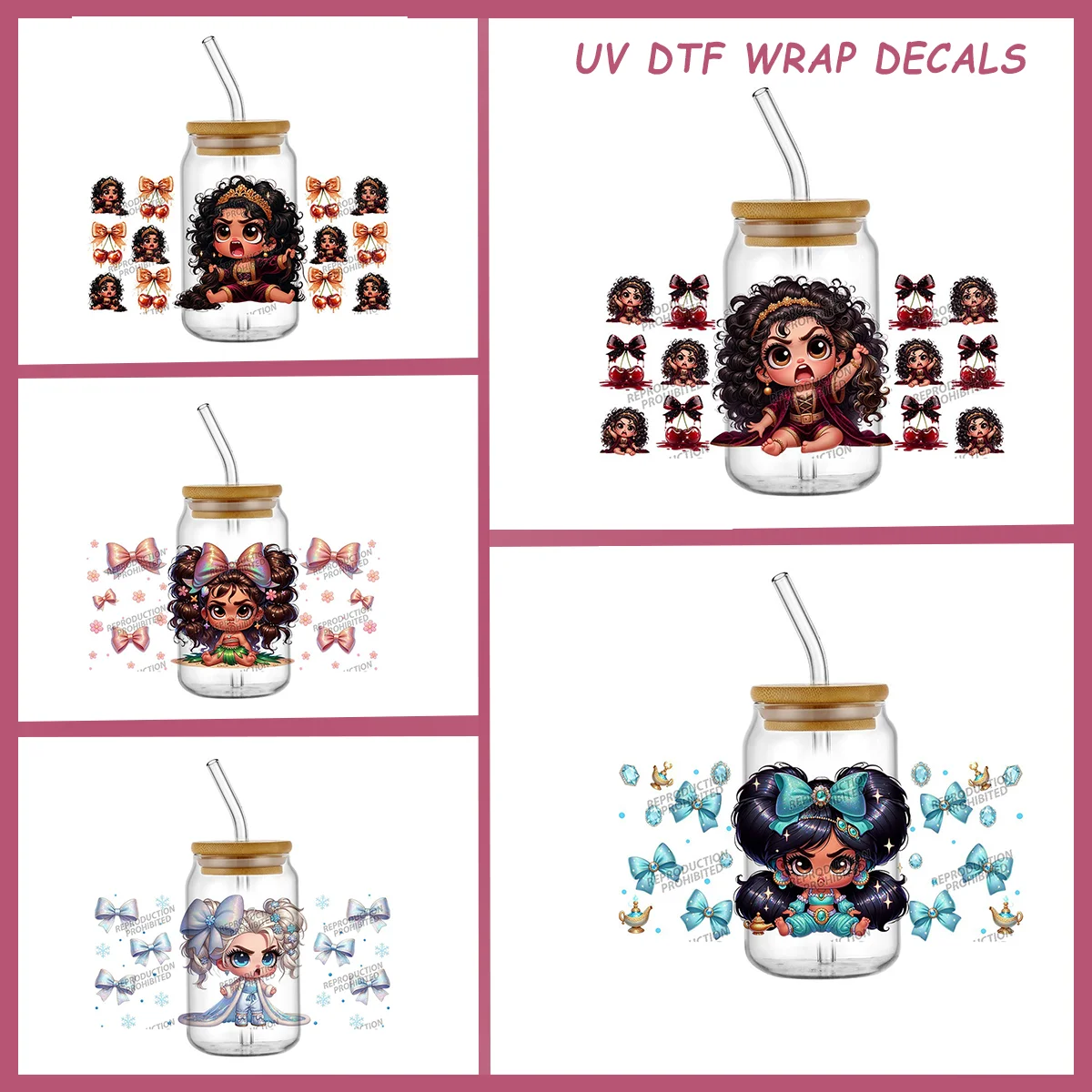 

Bow Cartoon Series Cute Baby Girl UV DTF Wrap Stickers for Coffee Mug Waterproof Ready to Transfer Vinyl Decals for 16oz Cups