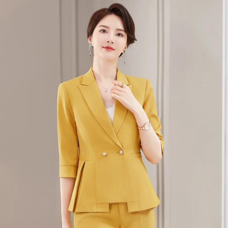 

IZICFLY Summer New Style Uniform Business Suits Slim Office Blazer Pant Sets For Women Two Piece Outfits Work Wear Yellow