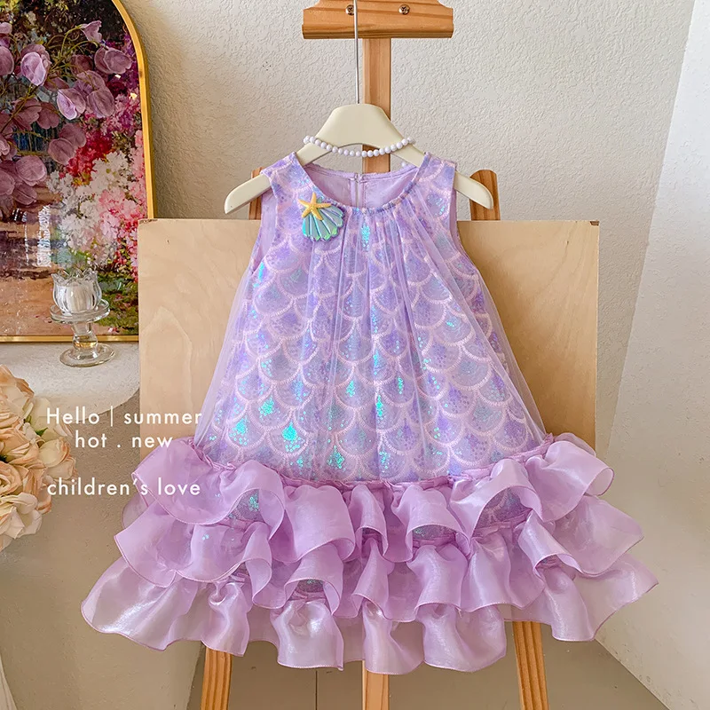Summer Princess Dress Baby Girls Sequined Mesh Gown Children Fashion Sleeveless Vestidos Christmas Halloween Costumes 2-10Y